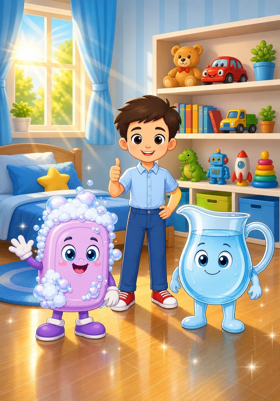 Енді бөлмені тану мүмкін емес еді: барлық ойыншықтар сөреде тізіліп тұр, еден жарқырап, бөлмеге күн сәулесі толды. Жұмсақ аю мен қызыл машина өз орындарында қуанышты түрде күлімдеп тұрды.