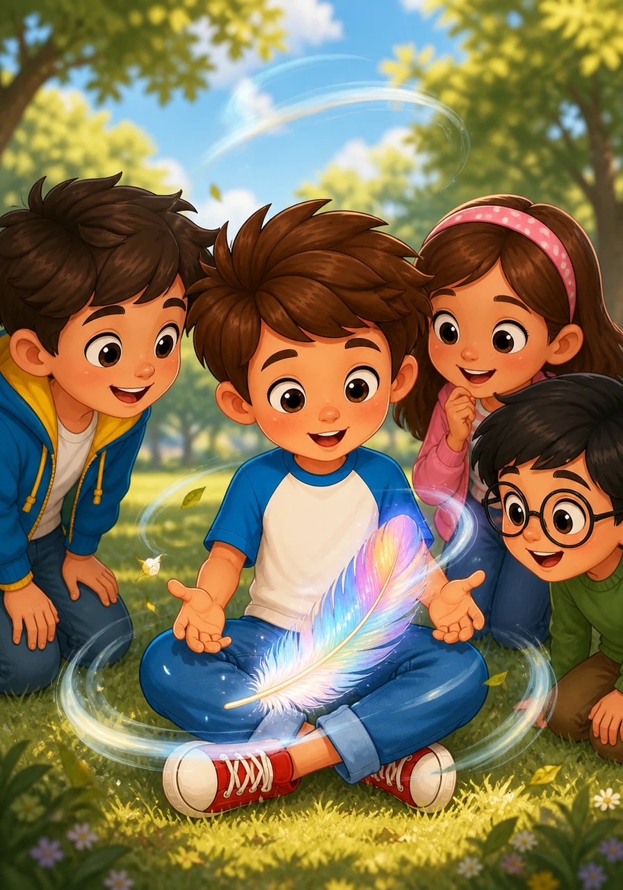 One day, a especially persistent breeze brought something unexpected. It dropped a beautiful, iridescent feather right into Leo's lap, a token from a bird that must have flown higher than anyone could see.
