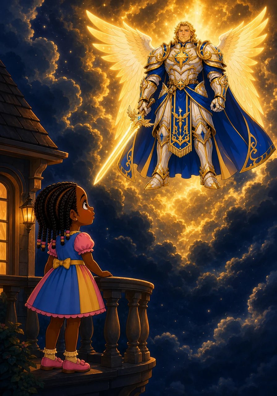 Un soir particulièrement sombre, une lueur dorée traversa les nuages profonds au-dessus du toit de sa maison. Curieuse, Sophibelle s'avança sur le balcon et aperçut une silhouette majestueuse drapée d'une armure étincelante et arborant d'immenses ailes lumineuses. C'était un général veillant sur l'armée des anges célestes.