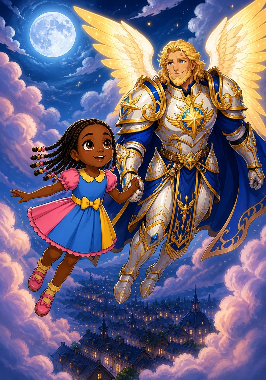 Sans hésiter, Sophibelle saisit sa main chaleureuse et s'éleva délicatement au-dessus des toits de sa ville assoupie. Ensemble, ils traversèrent une mer de nuages roses et argentés illuminés par les rayons de la lune. Le vent doux caressait ses tresses alors qu'elle découvrait l'immensité du ciel nocturne.