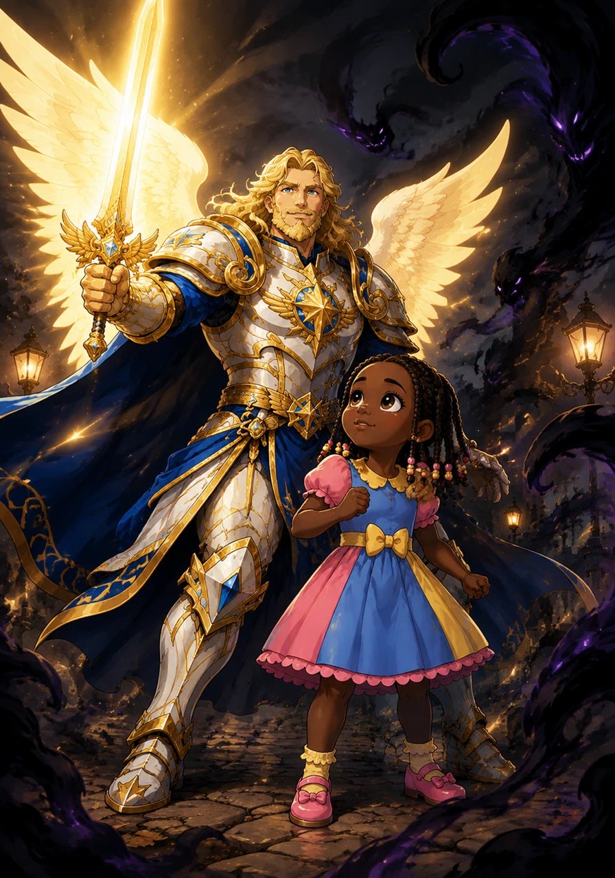 Soudain, une tempête d'ombres ténébreuses tenta de voiler la clarté des lanternes, cherchant à répandre le doute et la peur. Le Général se dressa fièrement, brandissant une épée de lumière resplendissante pour protéger Sophibelle tout en l'encourageant à faire briller sa propre force intérieure.