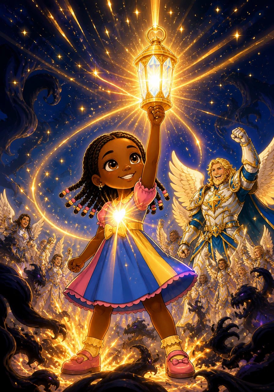 Prenant tout son courage à deux mains, Sophibelle lève bien haut sa lanterne cristalline dans la nuit. Une lumière dorée éclatante et réconfortante jaillit alors de son cœur, repoussant instantanément les ombres et faisant scintiller tout le firmament sous les clameurs des gardiens ailés.