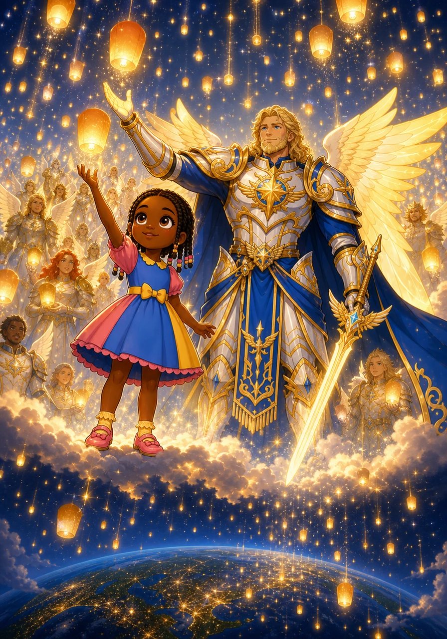Ensemble avec toute l'armée céleste, ils relâchèrent des milliers de lanternes étincelantes qui redescendirent doucement vers la Terre comme une pluie d'étoiles filantes. Sophibelle comprit que même au milieu des plus grandes épreuves, la lumière et la solidarité ne s'éteignaient jamais vraiment.