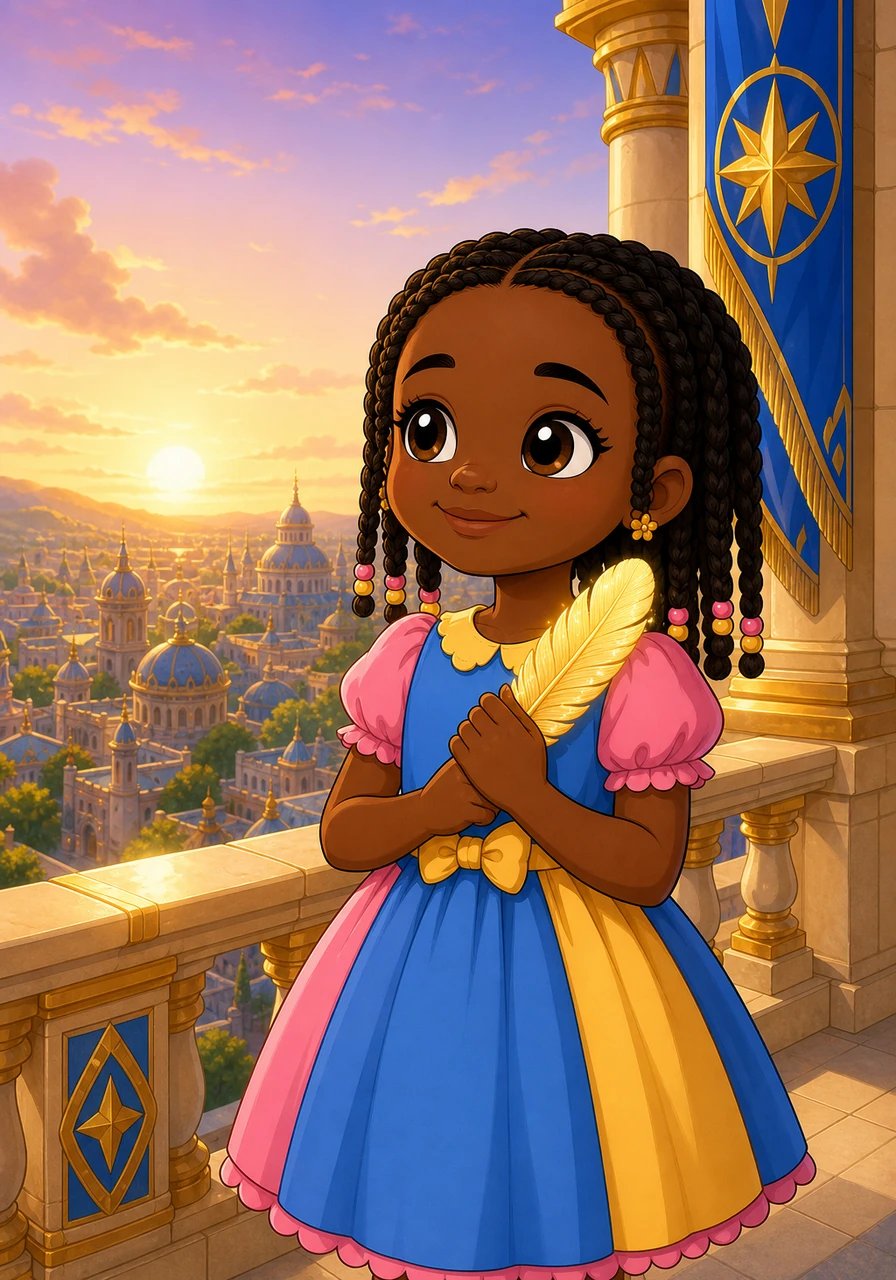De retour sur son balcon au lever du soleil, Sophibelle serra fort contre elle une plume dorée laissée par le Général en souvenir de leur alliance. En observant la ville qui s'éveillait sous une douce clarté, elle esquissa un sourire confiant, prête à illuminer le monde autour d'elle.