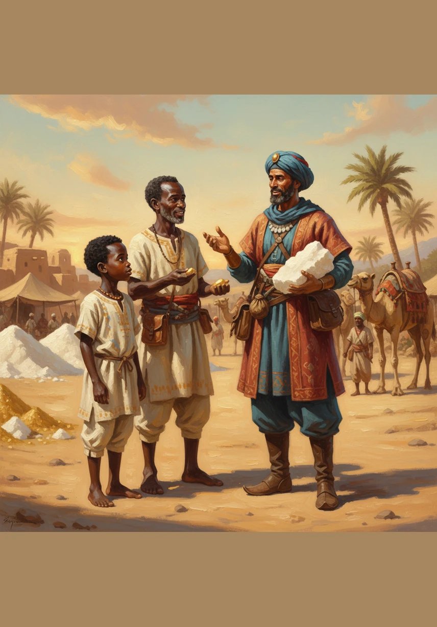 Los comerciantes del norte traen bloques de sal blanca para intercambiar por el oro. "Cambiamos sal por oro porque la sal es necesaria para la vida", explica un viajero a Amadou. La sal ayuda a conservar la comida y mantiene a la gente sana en el calor. Preguntas: ¿Cómo cruzan el desierto? ¿Por qué es importante la sal?