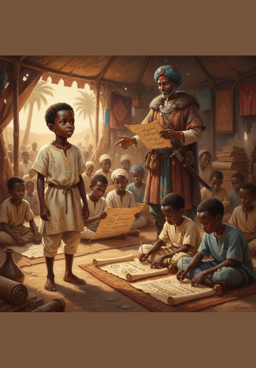 Amadou visita una escuela y ve a muchos niños estudiando ciencia y religión en pergaminos. Él decide que quiere aprender a leer y escribir para ayudar a su comunidad en el futuro. En Malí, el conocimiento es el tesoro más grande de todos.