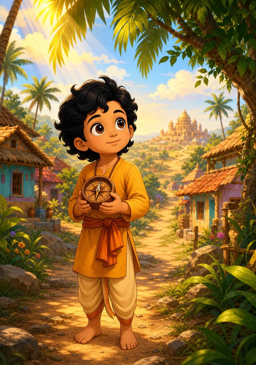 Young Aarav stands at the edge of his vibrant village, eyes wide with wonder as he holds a carved wooden compass given by his grandmother. Dressed in a soft saffron tunic, he dreams of journeying across the kingdom to discover what truly makes a hero. Sunbeams filter through lush green palm leaves, painting the dusty trail ahead in warm golden tones.