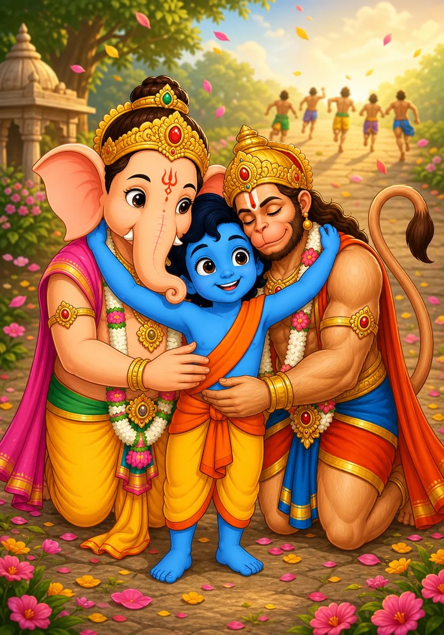 When challenged to race around the world, Aarav pauses while others sprint into the horizon. Smiling warmly, he takes three gentle steps around his loving parents, embracing them with all his heart. Bright flower petals drift in the soft breeze as everyone realizes that love and devotion are the greatest world of all.