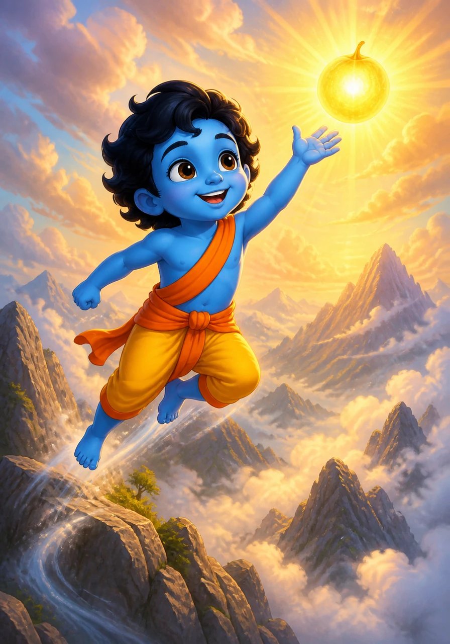 High atop a misty mountain ridge, Aarav gazes up at the blazing morning sun glowing like a shimmering golden fruit. He leaps high into the clouds with incredible courage, feeling the wild wind beneath his feet. Floating gently back down, he learns that great strength is a gift meant to be used with wisdom and care.