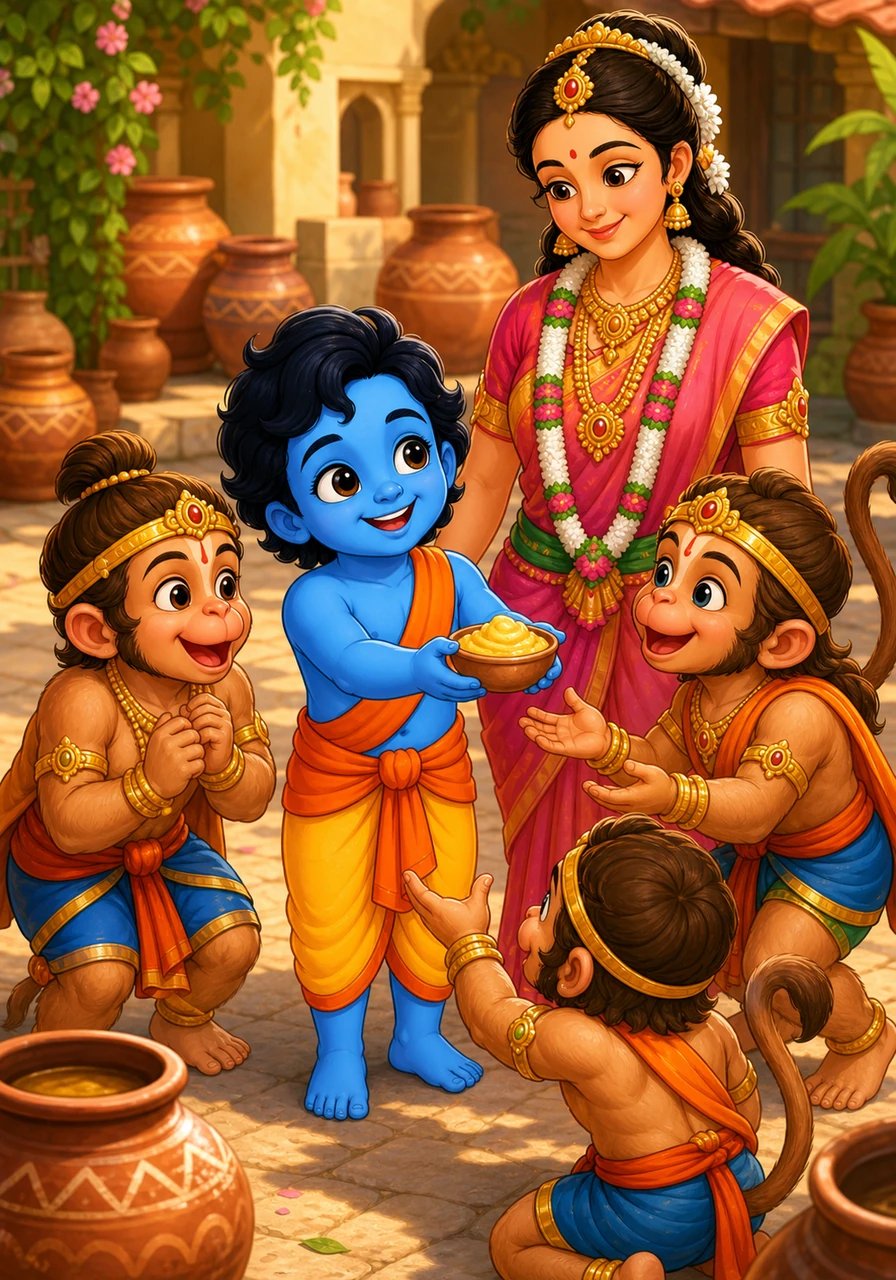 In a sunlit courtyard filled with clay jars, Aarav happily shares sweet honey butter with his smiling childhood friends. When his mother gently catches them, he explains with a warm grin that sweetness is best enjoyed together. She laughs softly and reminds him that true kindness always begins with respect and asking first.