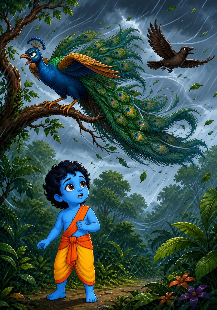 Deep within a colorful rainforest, a magnificent peacock spreads its sparkling blue and emerald tail feathers, boasting to a modest brown crow. Suddenly, a stormy gale sweeps through the canopy, catching the peacock's heavy plumes while the nimble crow easily glides to safety. Watching from below, Aarav learns never to judge others by their appearance.