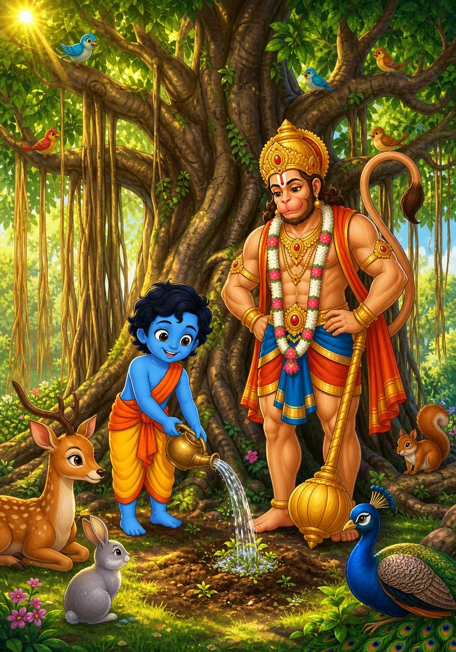 A wise sage hands Aarav a tiny brown seed, which looks almost too small to matter. Aarav plants it carefully in rich soil, watering it gently under the glowing sun day after day. Years pass, and the seed blossoms into a majestic banyan tree whose sprawling branches shelter dozens of singing birds and resting animals.