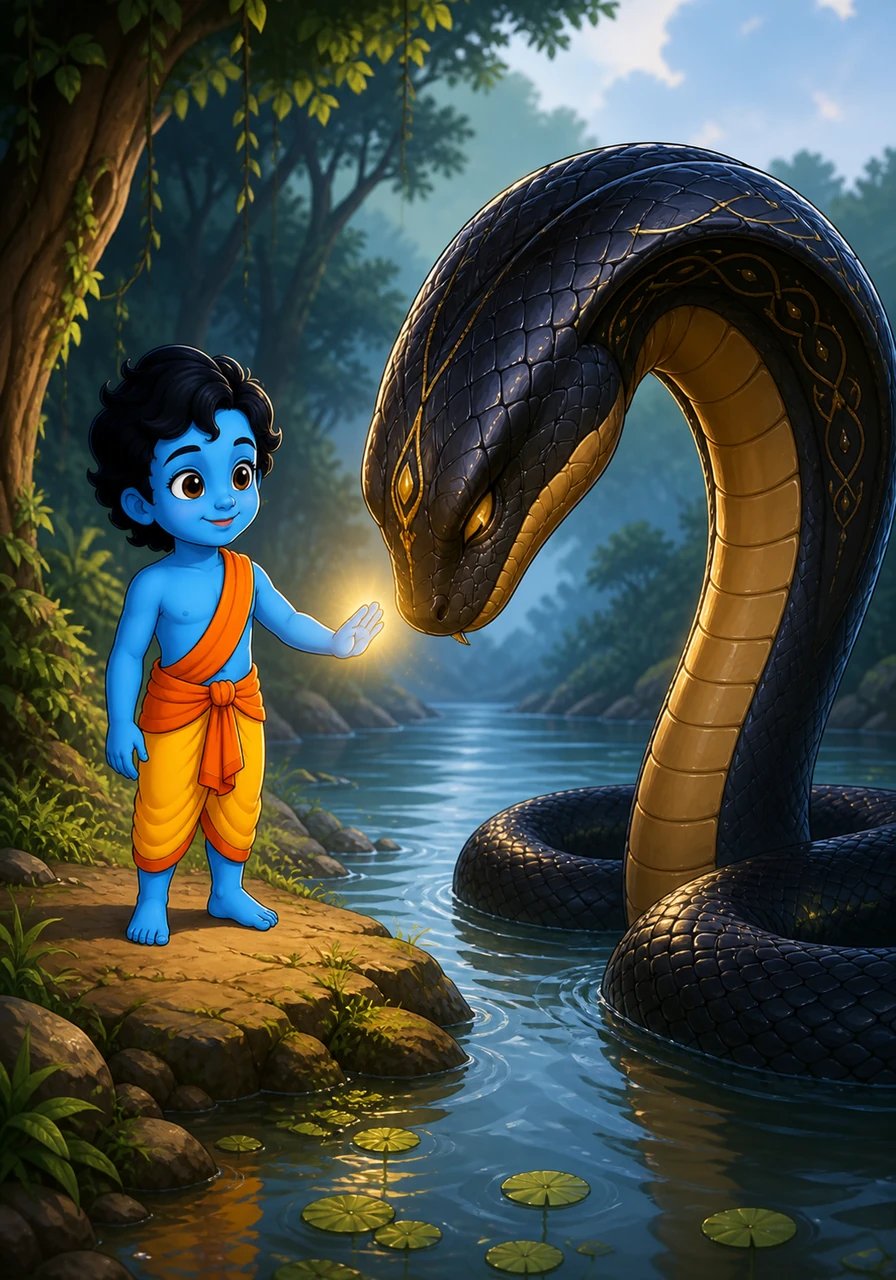 Beside the murky river, Aarav confronts a mighty dark serpent whose venom has scared away the woodland creatures. Instead of fighting with anger, Aarav offers a hand of peace and invites the serpent to live in harmony. Touched by this unexpected mercy, the giant serpent bows its head, promising to guard the river gently from that day on.