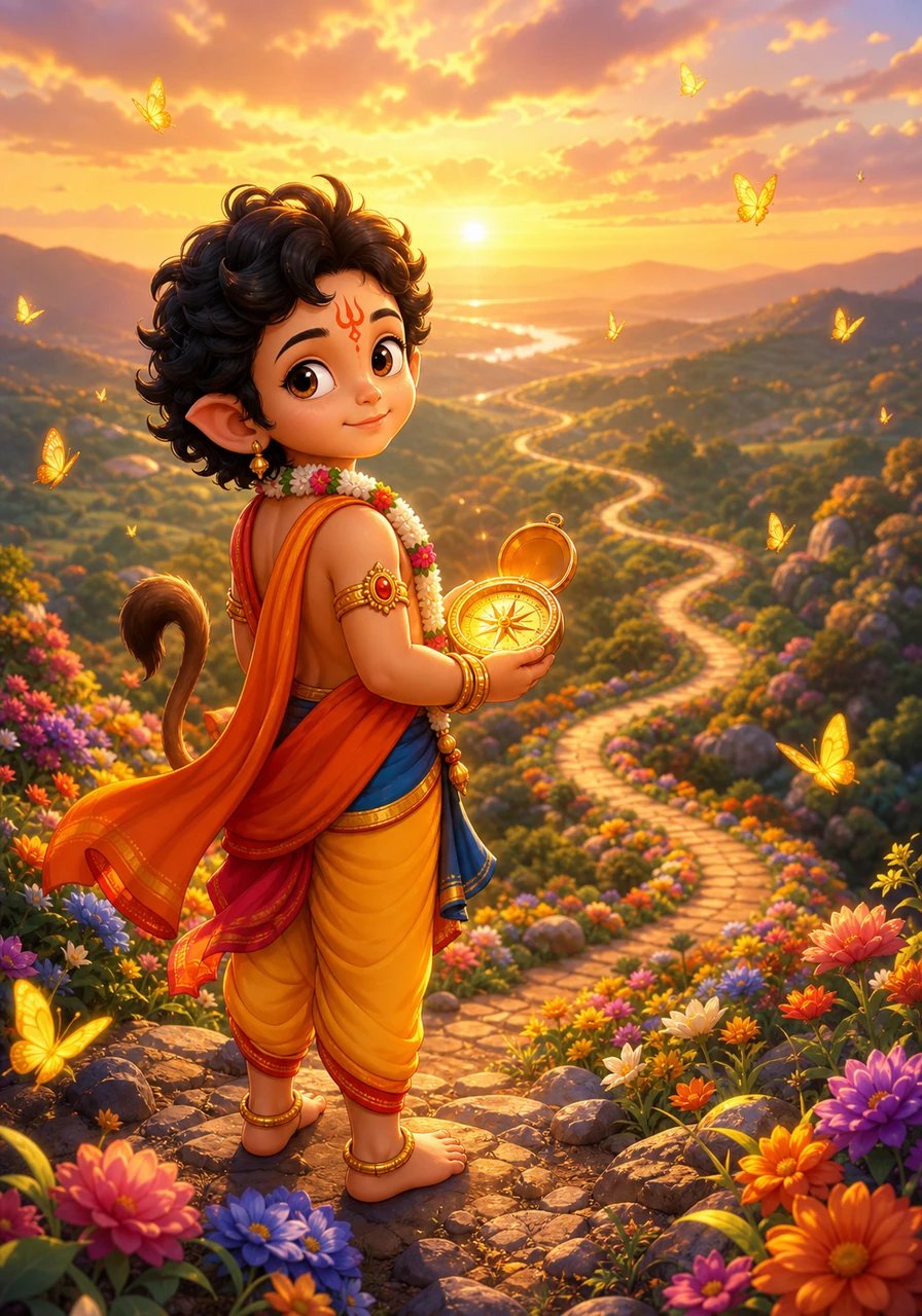 Standing atop a flower-covered hill, Aarav looks back at the winding path he has traveled. The wooden compass in his hands glows soft and bright, reflecting the six noble lessons etched into his heart. Soft golden butterflies flutter around him, celebrating his transformation into a truly wise soul.