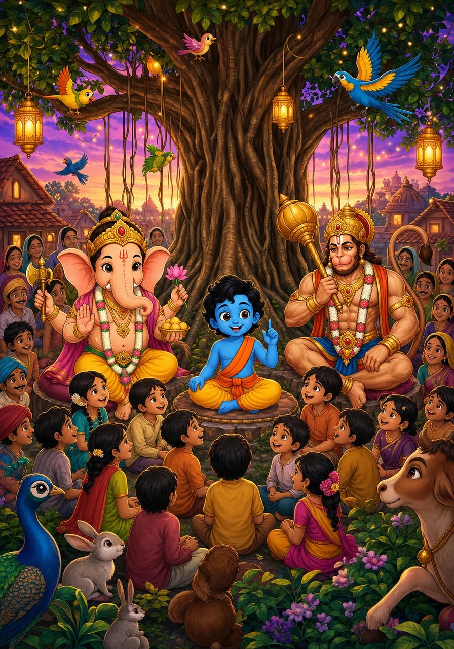 Aarav returns to his village as twilight fills the sky with shades of magenta and gold. Villagers, forest animals, and magical birds gather together beneath the giant banyan tree to celebrate. Aarav sits at the center, sharing his stories with wide-eyed children who listen in joyful wonder.