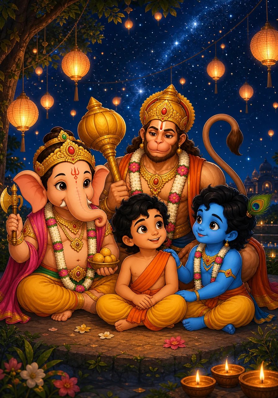 Under a starry night sky illuminated by glowing paper lanterns, Aarav sits beside his family with a serene smile. He realizes that true greatness comes not from speed or pride, but from love, patience, and a compassionate heart. The world around him slumbers peacefully, wrapped in the warmth of timeless wisdom.