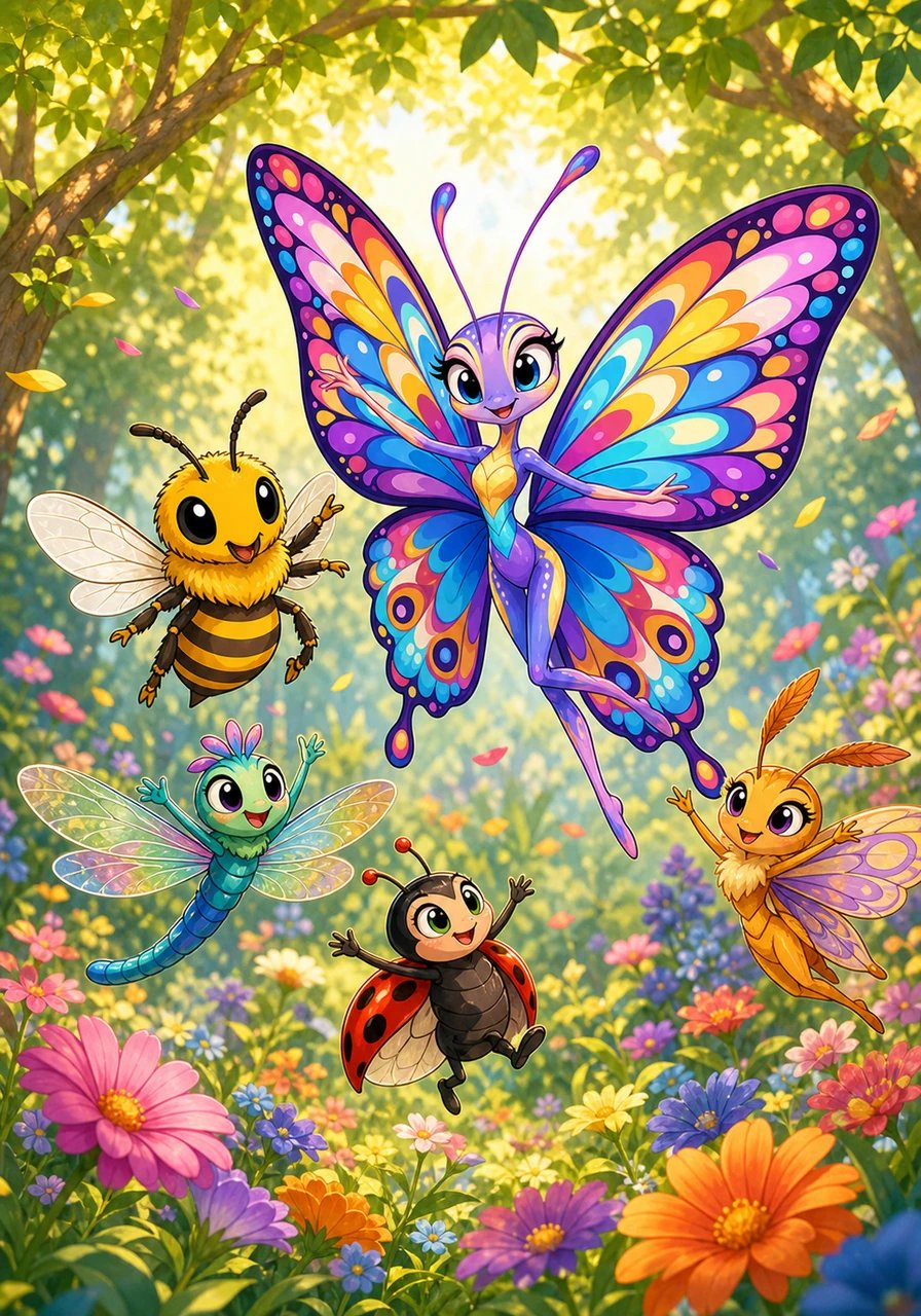 午后,阳光透过树叶的缝隙洒在草地上,翩翩和它的新朋友们在这里举办了一场欢快的空中舞会。它们在花丛间轻盈地穿梭,留下一阵阵欢快的笑声和彩色的身影。