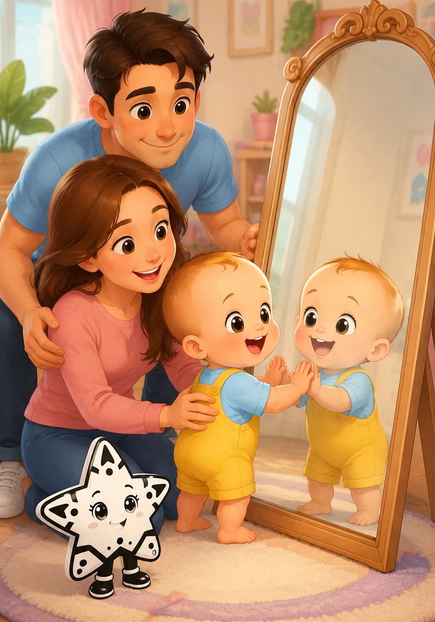 Vois-tu ce grand miroir brillant où apparaît un bébé absolument formidable ? C'est toi ! Un grand sourire illumine ton visage pour célébrer le plaisir d'être ensemble.