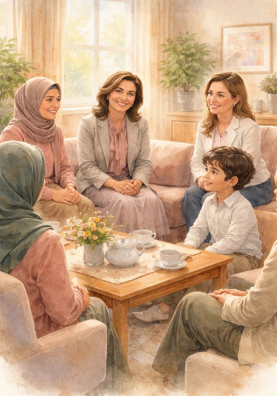 تجلس أمل في غرفة دافئة ومريحة مع مديرة المدرسة والمعلمات، حيث تتبادل معهن الحديث والابتسامات لبناء جسور من الثقة الإنسانية العميقة وفهم الاحتياجات الحقيقية للمدرسة قبل البدء بأي تغيير.