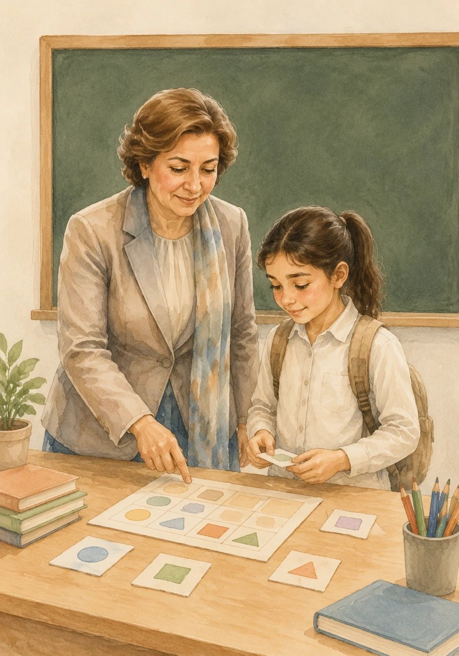 داخل الصف الدراسي الأول، تظهر أمل والمعلمة معًا وهما تخططان على السبورة وتتبادلان الأفكار في أجواء من التأمل المشترك والعمل الدؤوب لبناء المواد التعليمية واختبارها.