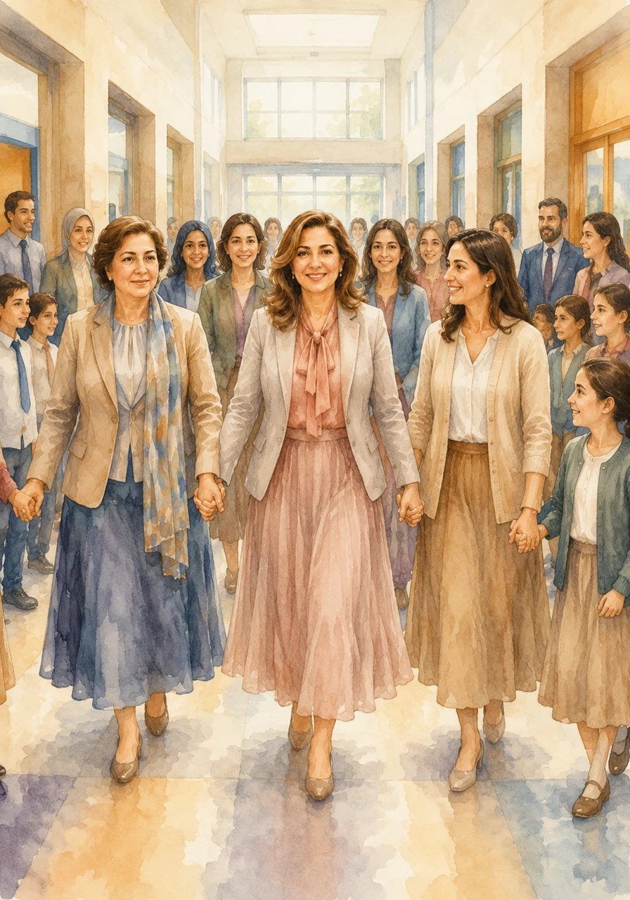 تتسع الدائرة في ممرات المدرسة المضيئة، حيث تنضم معلمات أخريات إلى المسيرة، وتتشابك الأيدي بروح الفريق الواحد نحو تحقيق رؤية مشتركة تجمع كل صفوف المدرسة.