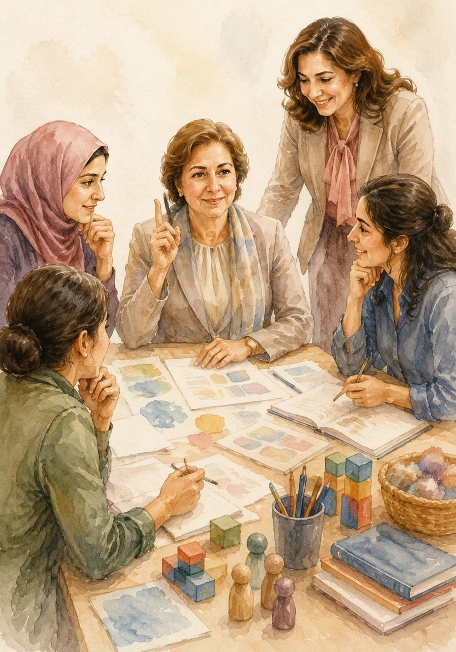 تظهر المعلمات مع أمل في لحظة تفكير مرن ومبتكر حول طاولة مليئة بالتحديات، حيث تتحول كل عقبة تواجههن إلى فرصة جديدة للنمو والتطوير بفضل الإصرار والعمل الجماعي.