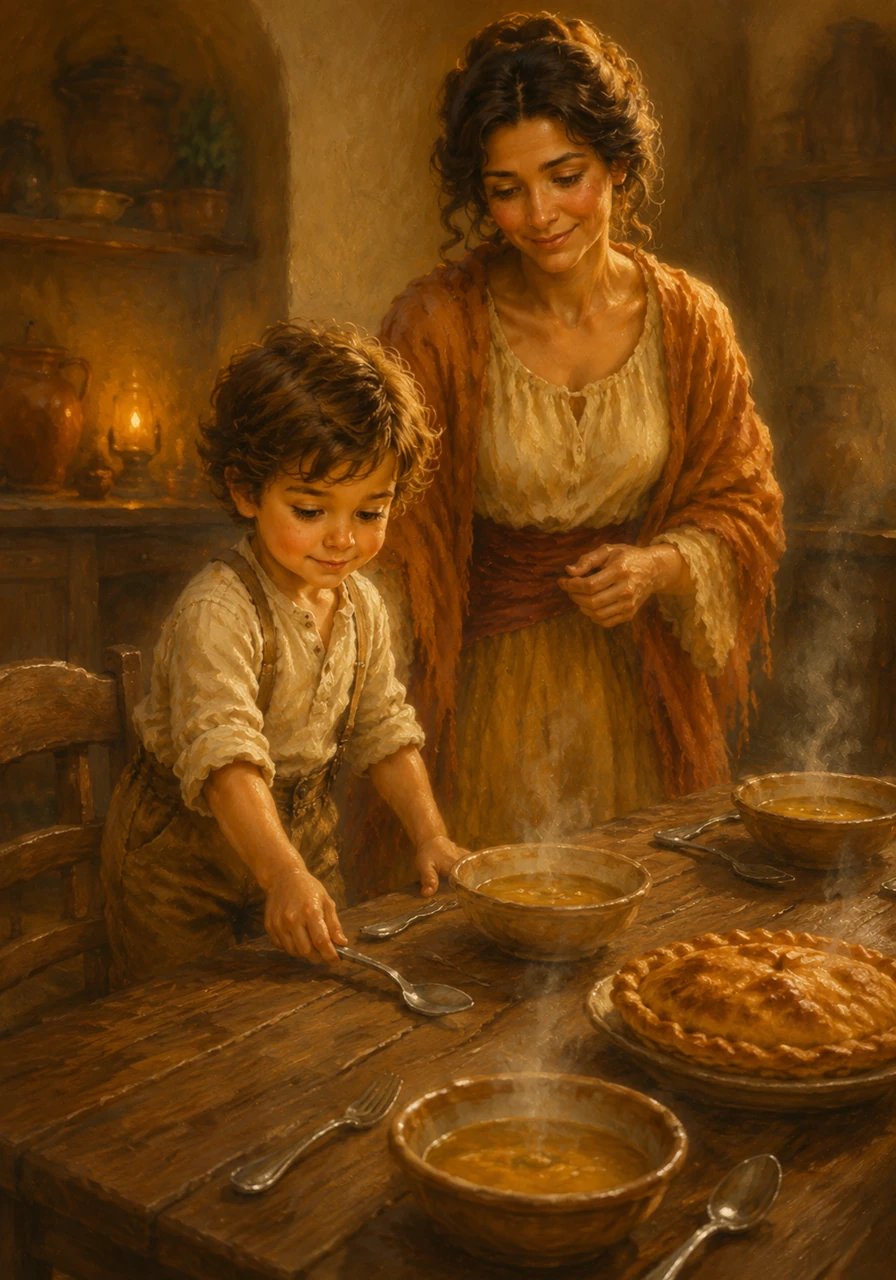 Leo helped his mother set the heavy wooden dining table, placing the spoons exactly where they belonged. The sweet aroma of baked pie and warm soup filled the air, making his little stomach rumble with anticipation.