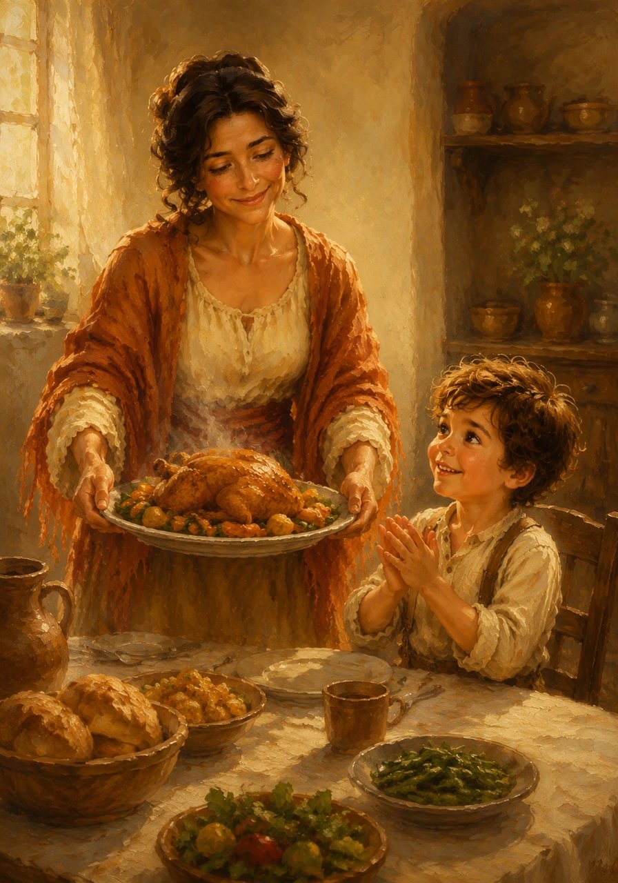 Mother brought over the grand serving dish, her smile warming the entire room as the soft evening light filtered through the window. Leo clapped his hands in delight, ready to dive into the wonderful feast prepared just for them.