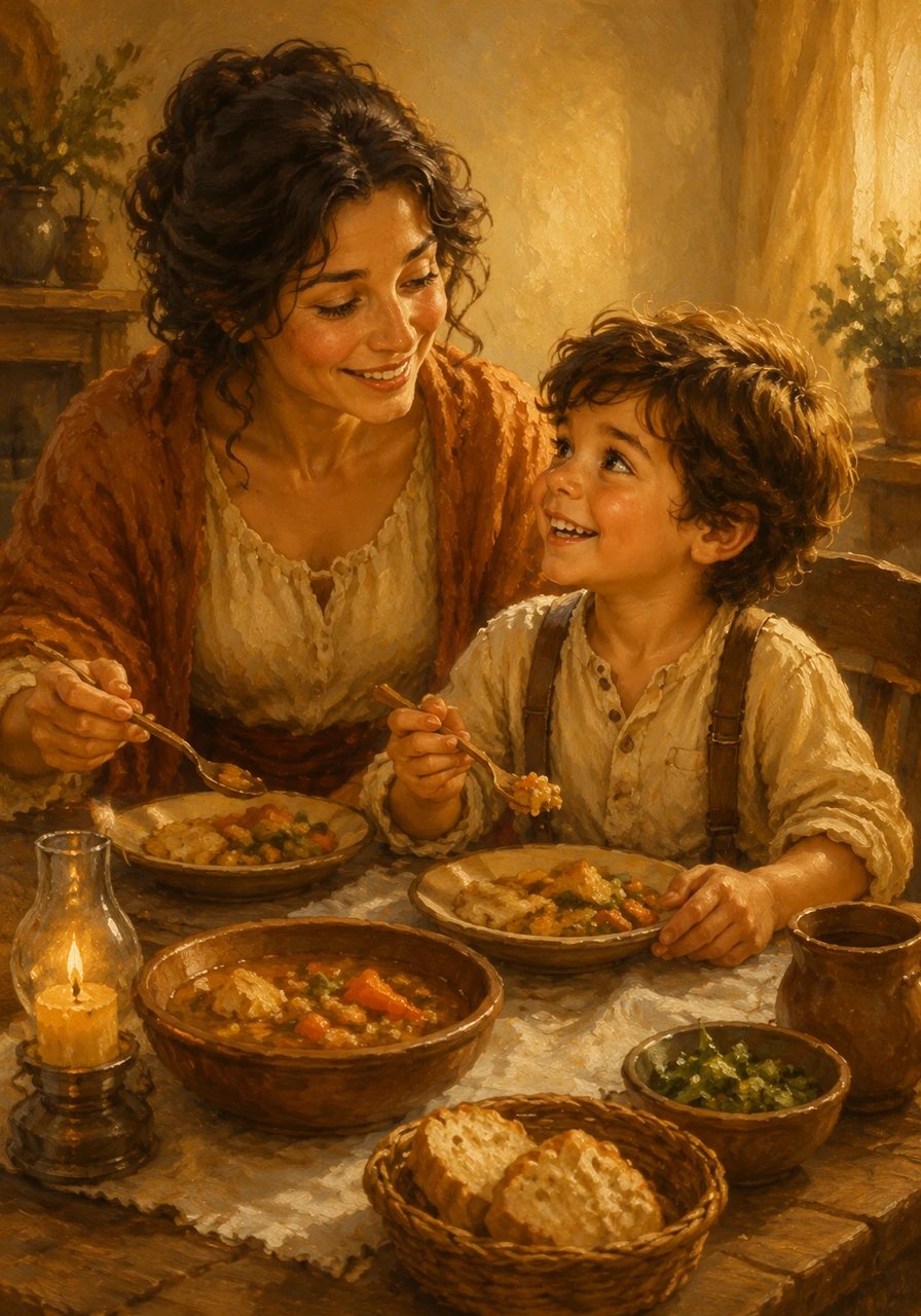 They ate happily, sharing stories about Leo's afternoon adventures in the backyard and laughing together. Each bite was delicious, and the cozy dining room felt like the safest, happiest place in the world.