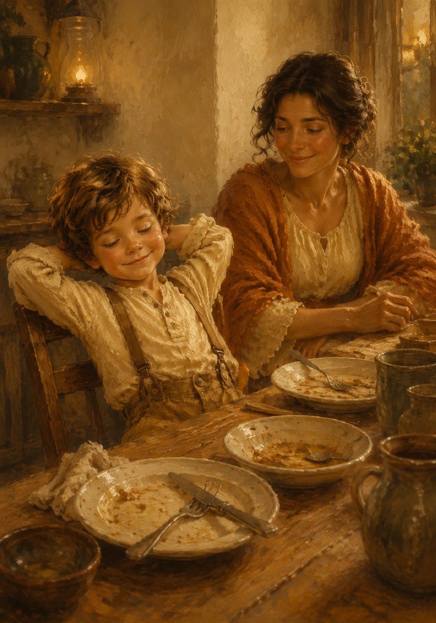 Slowly, the clinking of silverware quieted down as their bellies grew happily full. Leo leaned back in his chair, letting out a satisfied sigh while looking at the empty plates before them.