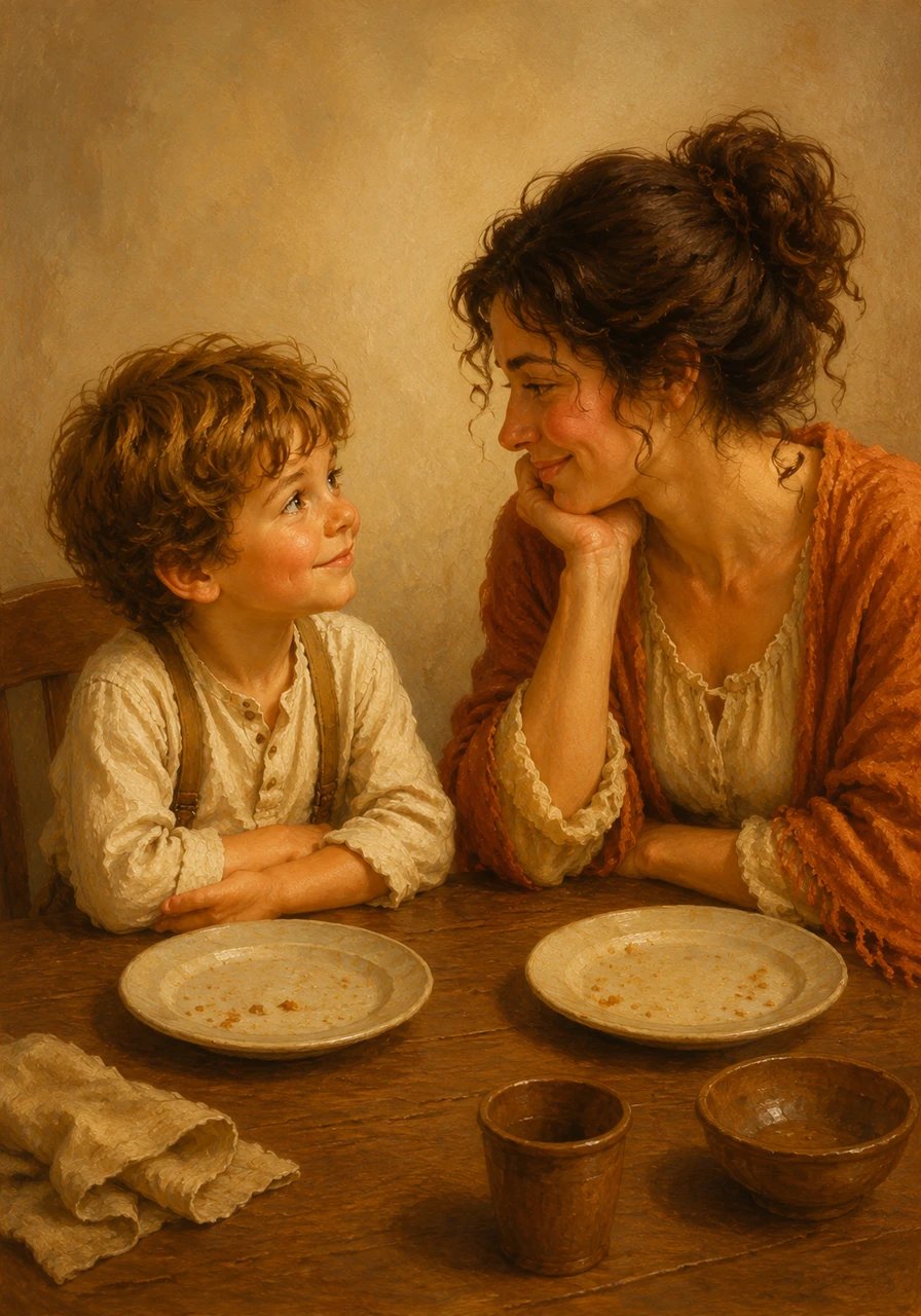 Sitting directly across from the front view, Leo and his mother shared a warm, knowing glance at the finished meal. The plates were completely clean, leaving only crumbs of a wonderful dinner well spent.