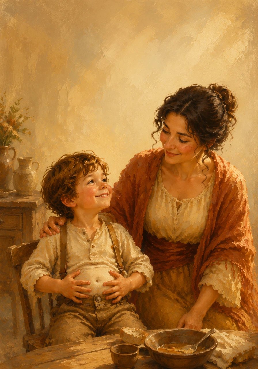 With a full stomach and a heavy heart of gratitude, Leo patted his tummy and grinned widely at his mother. The background of the dining room glowed with a soft, comforting vibe, leaving plenty of peaceful, open space above them.