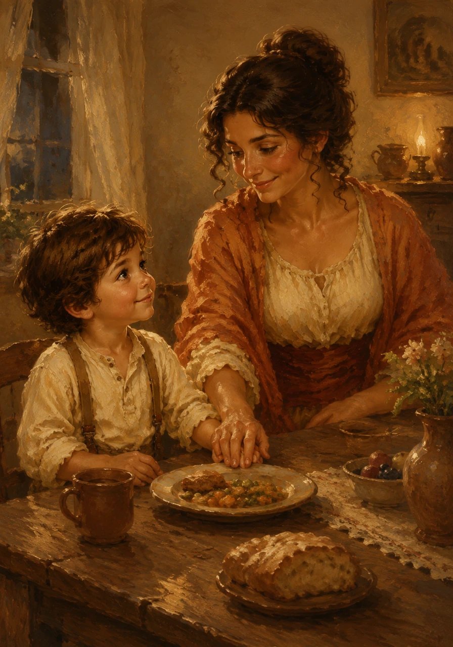 Mother reached across the table to gently pat Leo's hand, her eyes filled with love and pride. The quiet aftermath of the meal brought a serene tranquility to the beautifully decorated room.
