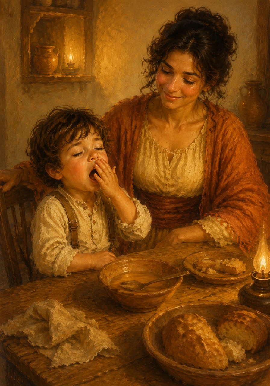 Leo yawned softly, the comfort of a good meal making him feel wonderfully sleepy and content. The warm colors of the dining room seemed to wrap around them like a soft, cozy blanket.