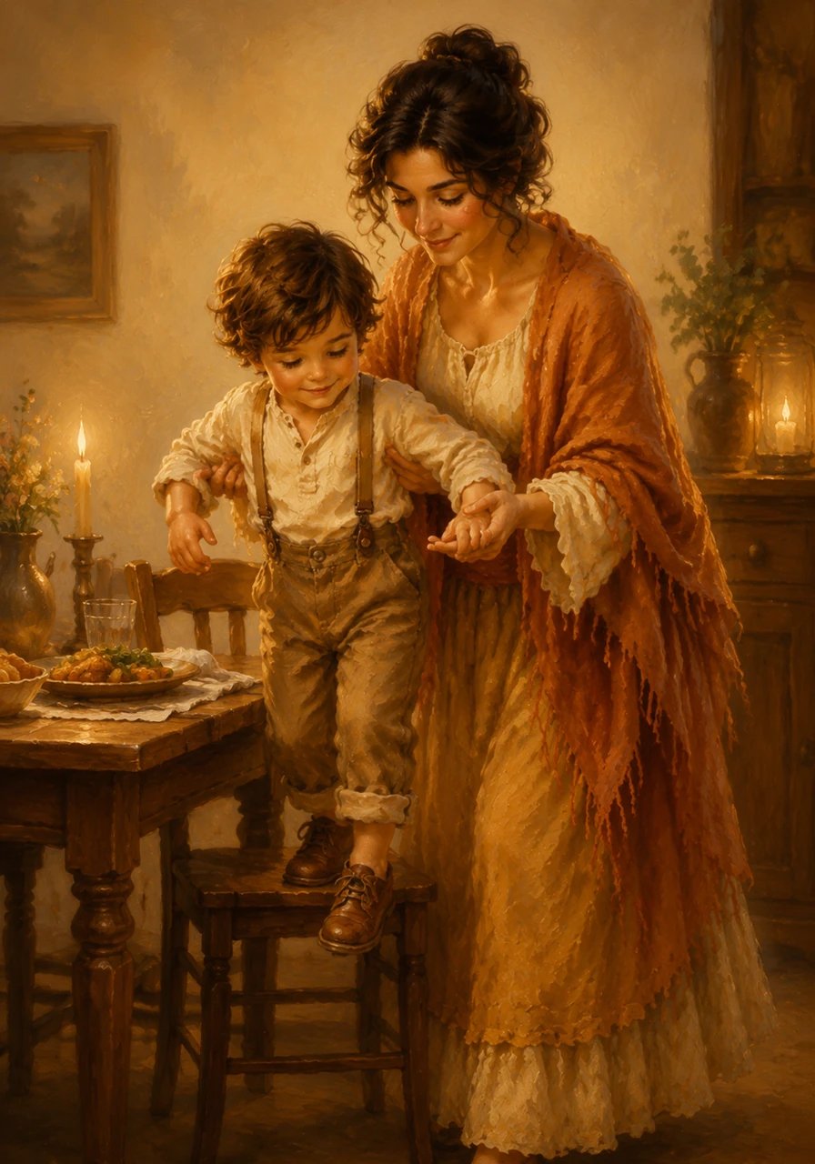Mother stood up with a smile to help Leo down from his chair, ready to head towards bedtime stories. It had been a beautiful evening of good food, full bellies, and endless family love.