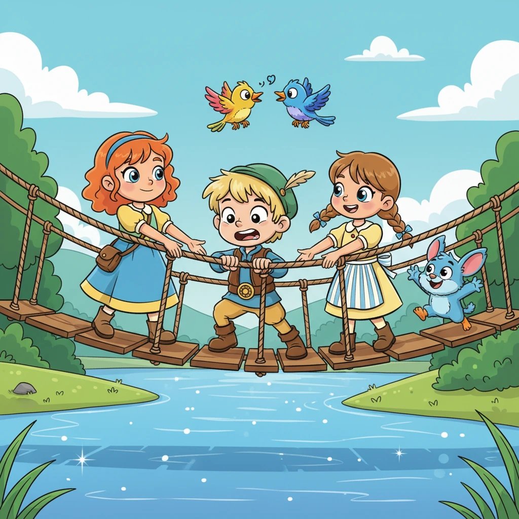 Ihr erstes Hindernis war eine wackelige Hängebrücke, die sich über einen tiefen, glitzernden Fluss spannte. Max hielt sich mit zitternden Knien fest, während Fips übermütig vorpreschte. Lotte und Klara halfen ihm mit einem Lächeln, die Balance zu halten, während bunte Vögel über ihren Köpfen zwitscherten.