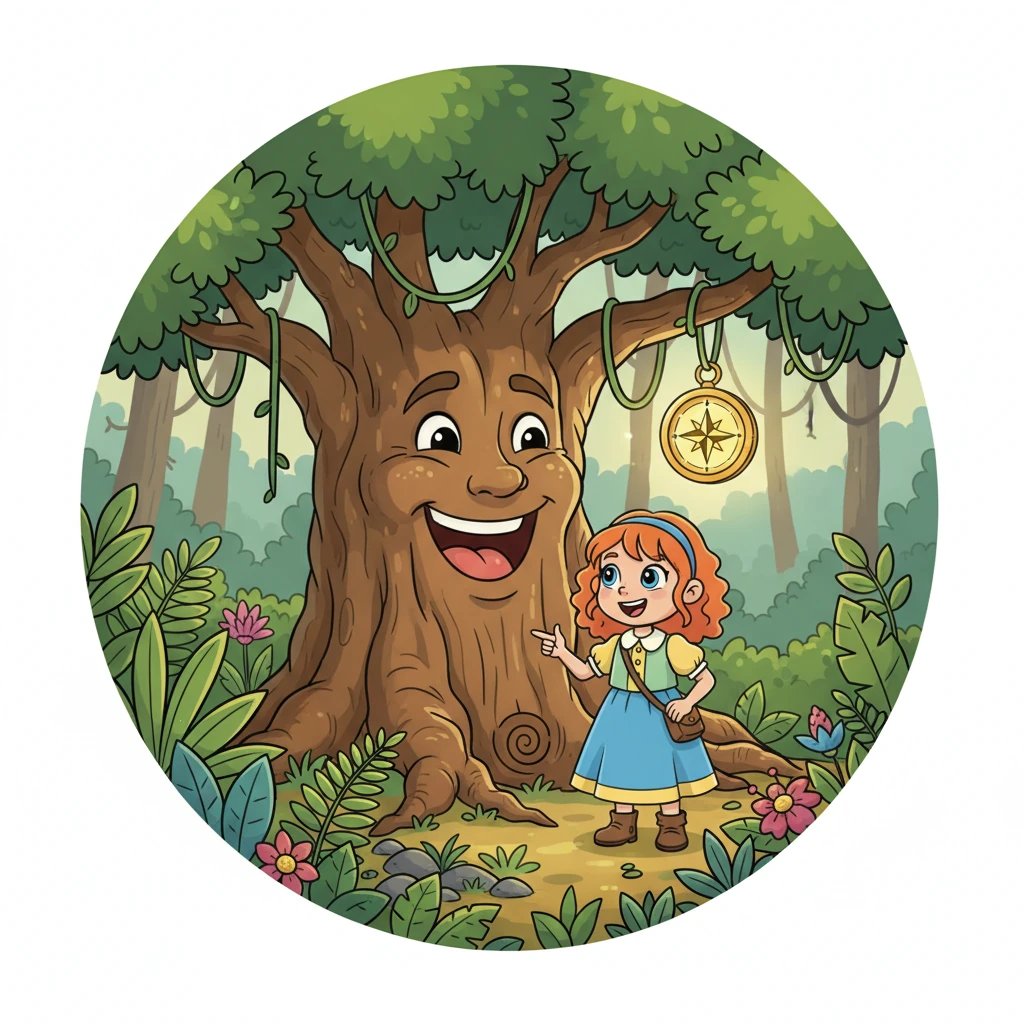 Tief im Dschungel entdeckten die Freunde einen Baum mit einem freundlichen, lachenden Gesicht. An einem seiner Äste hing ein glänzender, alter Kompass, der genau auf den nächsten Punkt der Karte zeigte. Klara deutete auf ein verstecktes Zeichen am Fuß des Baumes, das ein wichtiges Rätsel enthüllte.