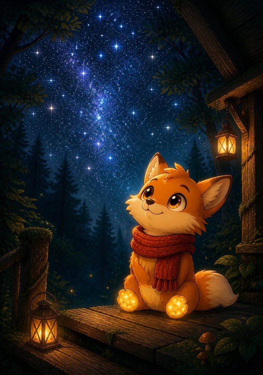 Deep within the Whispering Woods lived Pip, a small fox with soft amber fur and glowing, star-dusted paws. Every evening, he loved sitting on his mossy porch to watch the night sky burst into a sparkling tapestry of silver lights.