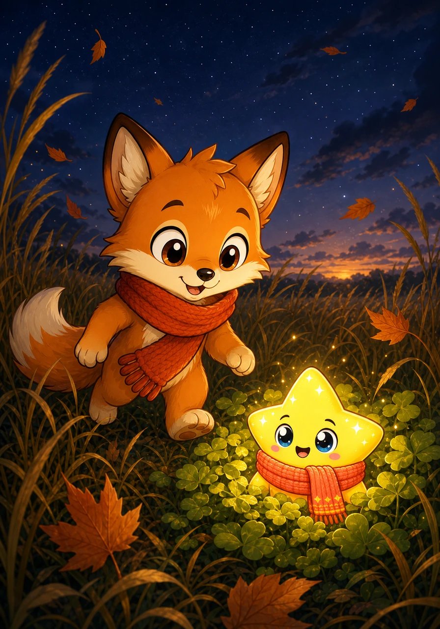 One chilly autumn evening, a bright streak zipped through the dark sky and tumbled gently into the meadow near Pip's home. Curious and brave, Pip trotted through the tall grass to find a tiny, softly glowing star nestled inside a bed of clover.