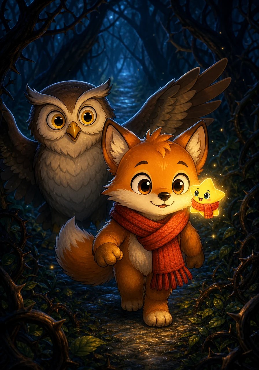 As they ventured deeper into the shadowed forest, the silver path began to fade into dense briars. Pip felt a flicker of fear, but the tiny star flickered bright, warming his nose and giving him the courage to step forward.