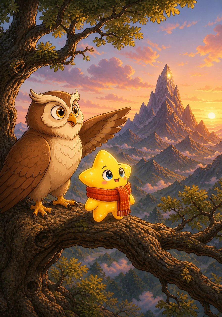 Along the way, they met Barnaby, a wise old owl perched high upon an ancient oak branch. Barnaby unfurled his wide wings and pointed them toward Great Lantern Mountain, the tallest hill where the sky touched the earth.