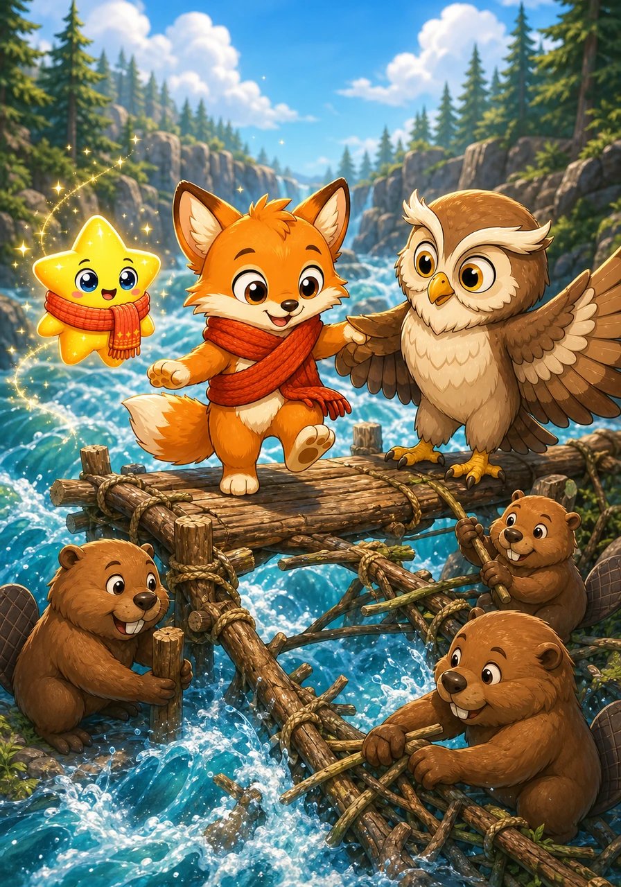To cross the roaring Crystal River, Pip sought the help of a friendly beaver family weaving a sturdy wooden bridge. Working together, they safely guided Pip and his glowing companion across the sparkling water.