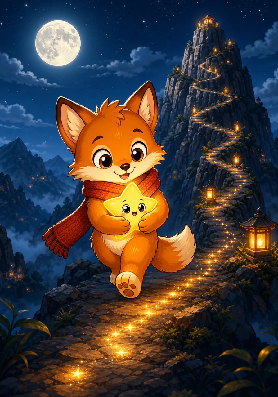 As the moon reached its peak, Pip began to climb the steep, winding path up Great Lantern Mountain. With every step, his star-dusted paws sparkled in harmony with the glowing star resting safely in his arms.