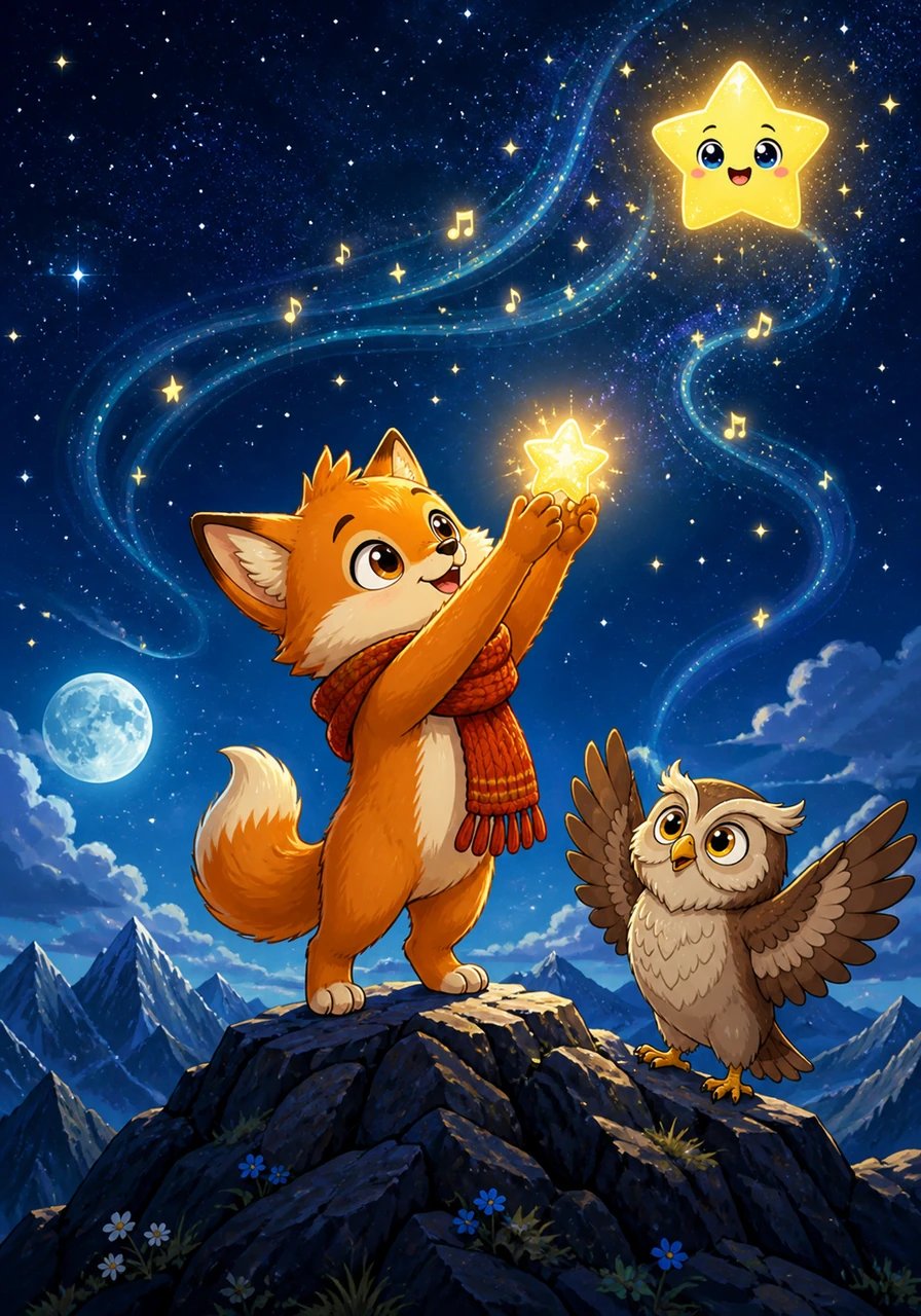 At the summit, the air was cool and filled with gentle celestial music. Pip held the star up high toward the open night sky, but it was still just out of reach from its heavenly home.