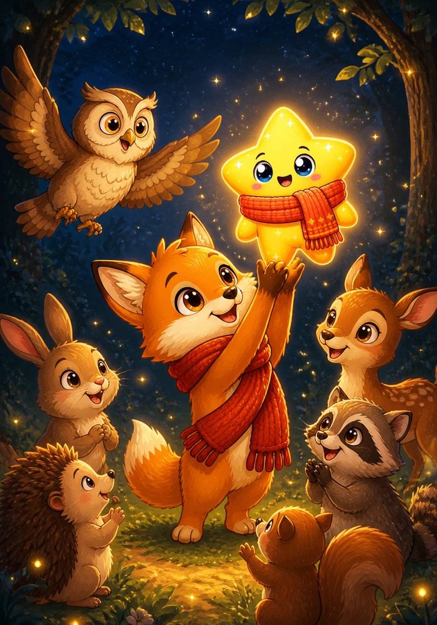 Barnaby the owl and the woodland creatures arrived, forming a warm circle of light and cheering Pip on. Reaching as high as his tiny paws could stretch, Pip gave the little star a gentle lift into the cool night breeze.