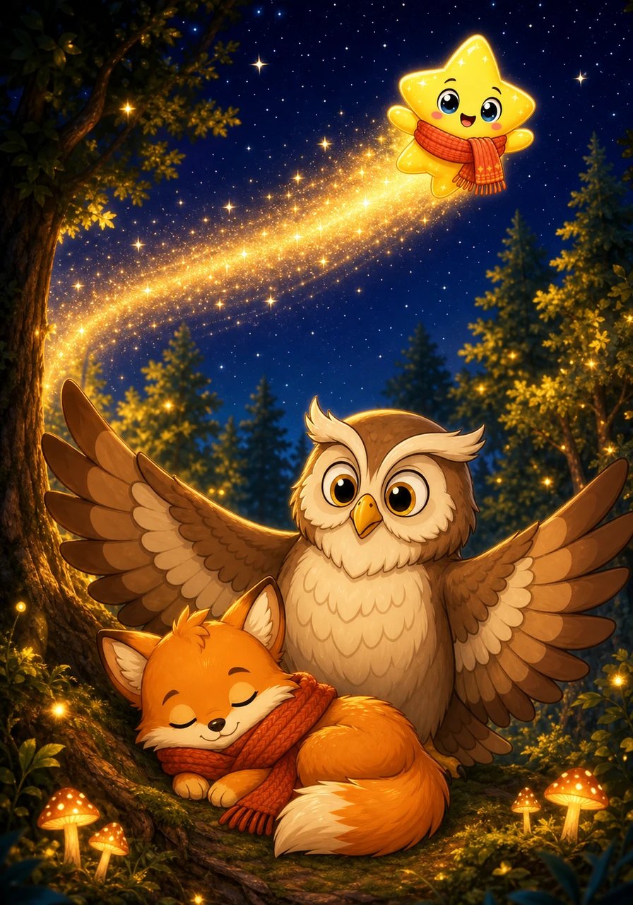With a joyous twinkle, the star swept up into the midnight sky, lighting up the entire forest in a celebration of dazzling colors. Pip curled up peacefully under the shimmering stars, knowing that warmth and friendship would always light his way.