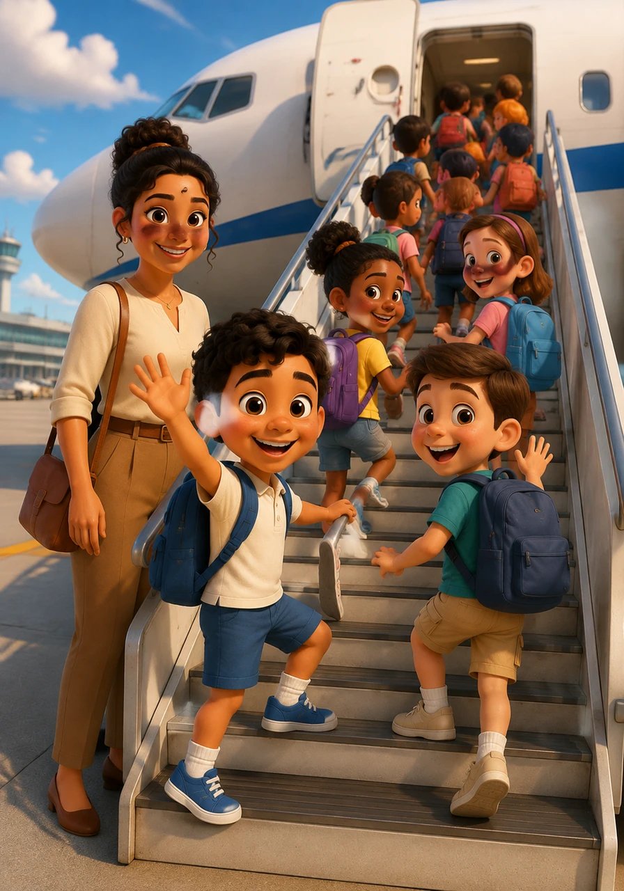 Mateo y sus compañeros de segundo grado de la escuela Rafael Hernández Marín de Vega Baja, Puerto Rico, están llenos de entusiasmo en el aeropuerto. Con sus mochilas listas, suben a un gran avión rumbo a una inolvidable aventura en América del Sur.