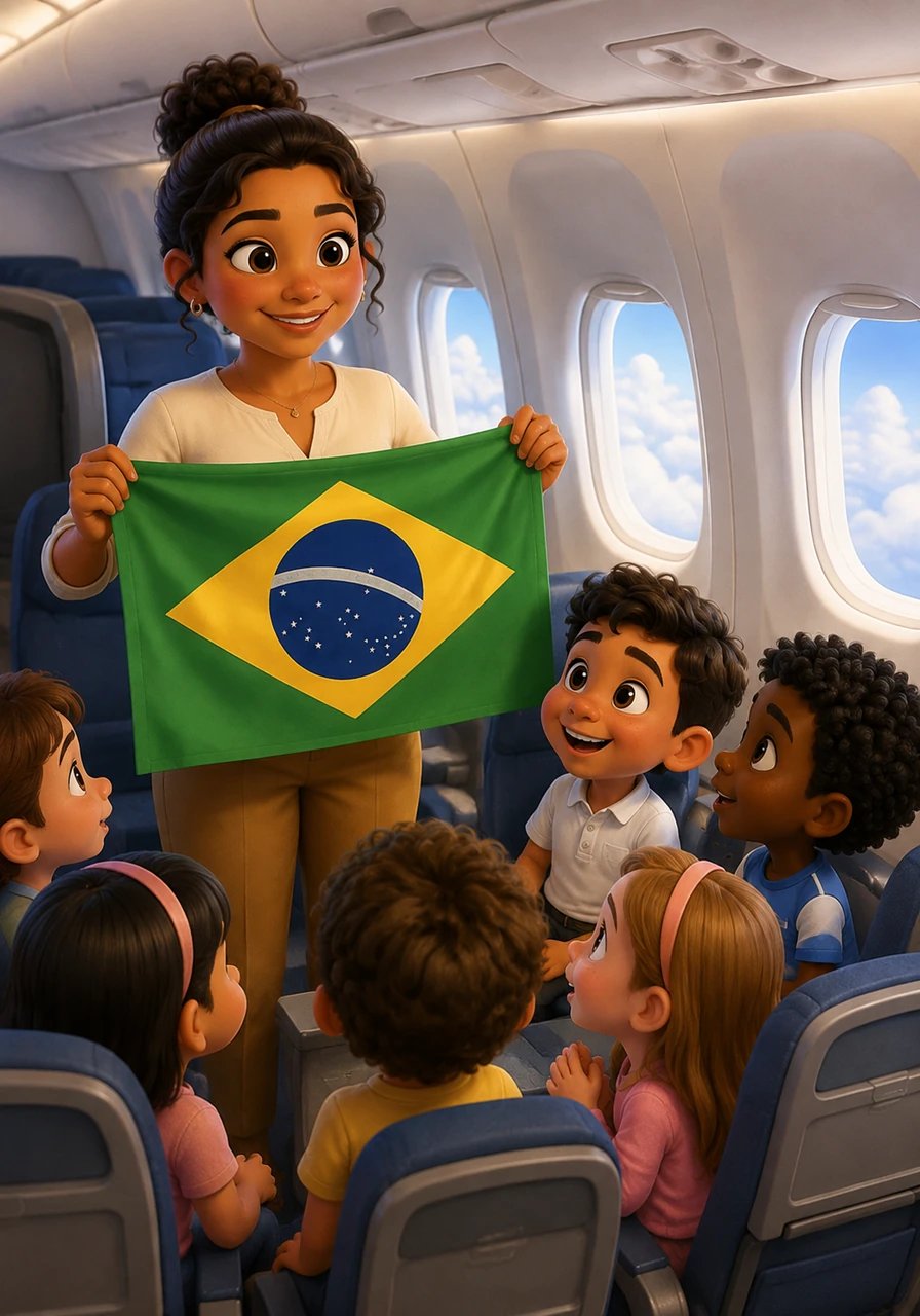 Durante el vuelo, la maestra les muestra la bandera de Brasil. Los niños observan impresionados el brillante fondo verde que representa los bosques, el rombo amarillo y el hermoso círculo azul con estrellas que simboliza el cielo nocturno.