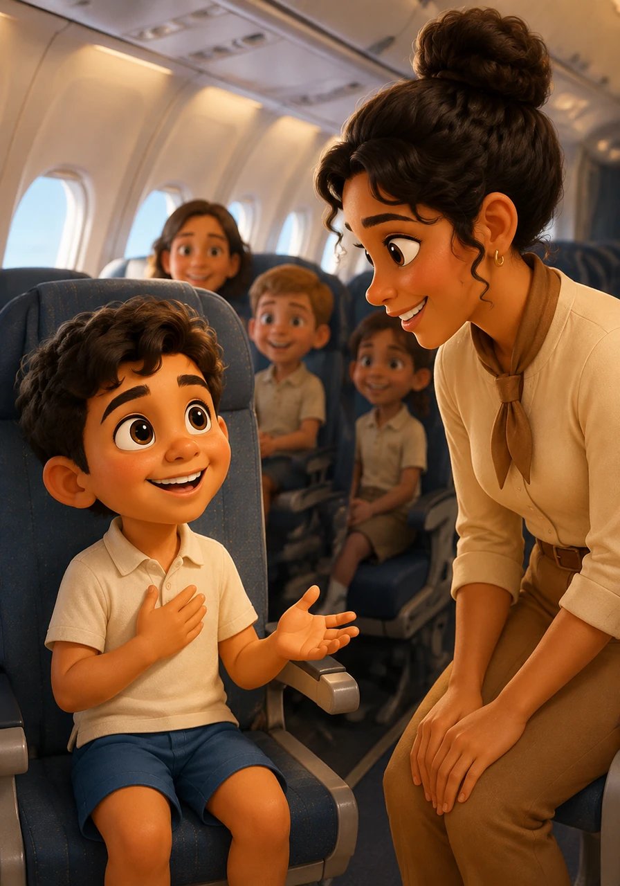 Mientras se aproximan a su destino, Mateo aprende que en Brasil no se habla español sino portugués. Con una sonrisa practica sus primeras palabras con la azafata, diciendo olá para saludar y obrigado para dar las gracias.