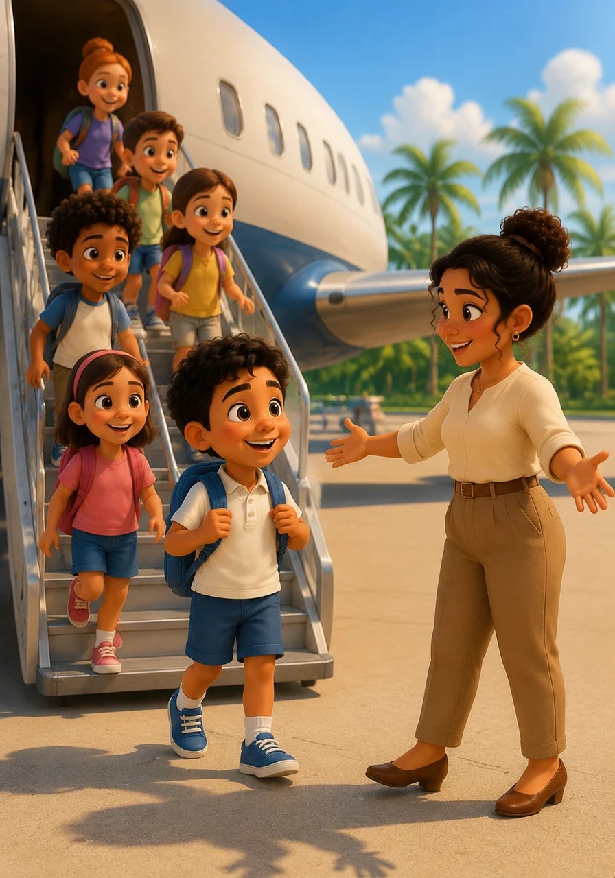 Al bajar del avión, los niños sienten un clima cálido y tropical muy parecido al de su amada isla de Puerto Rico. La guía turística les explica que la mayoría de la gente en Brasil profesa la religión cristiana y les da una calurosa bienvenida.